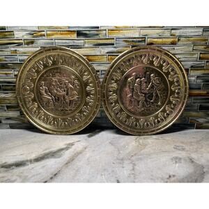 Two Vintage Brass Embossed Decorative Wall Hanging Plate Plates Made In England